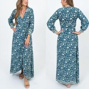 Natalie Martin Dress Silk Floral Wrap Long‎ Sleeve Kate Blue Maxi Dress S